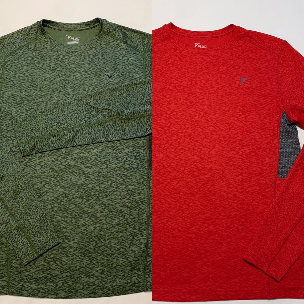 2 Men’s Medium Old Navy Dri Fit Long Sleeve Tops, Red and Green w/ Grey Mesh